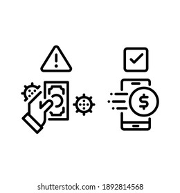 Pago con el signo de advertencia COVID-19. Concepto de Nueva vida normal con pago en línea. Vector de línea. Aislar sobre fondo blanco.
