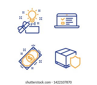 Payment, Creative idea and Web lectures icons simple set. Delivery insurance sign. Finance, Present box, Online test. Parcel protection. Business set. Linear payment icon. Colorful design set. Vector