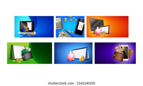 Payment Creative Promotion Posters Set Vector. Invoice And Tax Online Pay, Monthly Recurring Revenue And Payment, Smart Wallet And Deadline Of Pay Advertising Banners. Concept Template Illustrations