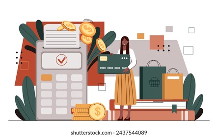 Payment credit card concept. Woman with banking card near golden coins and calculator. Shopping and commerce, marketing. Cashless transfers and transactions. Cartoon flat vector illustration