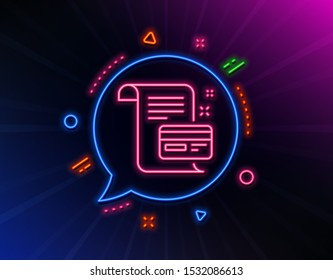 Payment credit card line icon. Neon laser lights. Money by mail sign. Agreement conditions symbol. Glow laser speech bubble. Neon lights chat bubble. Banner badge with payment card icon. Vector