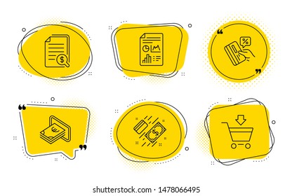 Payment, Credit card and Online market signs. Chat bubbles. Financial documents, Cash and Report document line icons set. Check docs, Atm payment, Growth chart. Money. Finance set. Vector