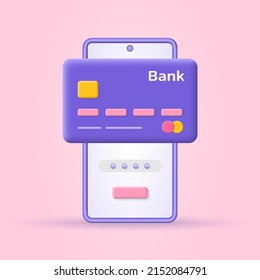 Pago con tarjeta de crédito y teléfono. Pagar por smartphone e icono 3d de tarjeta. El concepto de transacciones electrónicas en línea o en el banco móvil. Ilustración vectorial.