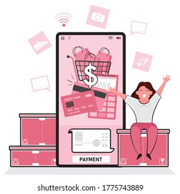 Payment with credit card picture feature credit card, phone and box in pink