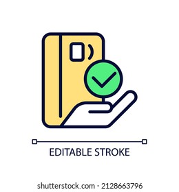 Payment with credit card pixel perfect RGB color icon. Pay for purchase online. Debit card. Digital money. Isolated vector illustration. Simple filled line drawing. Editable stroke. Arial font used