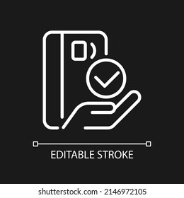 Payment with credit card pixel perfect white linear icon for dark theme. Pay for purchase online. Debit card. Thin line illustration. Isolated symbol for night mode. Editable stroke. Arial font used