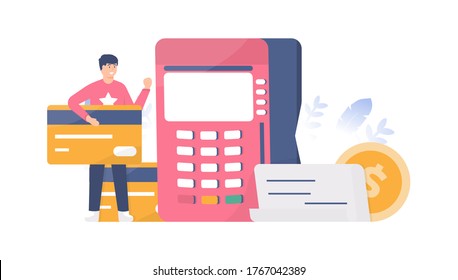 Payment and credit concepts. illustration of a man holding a credit card or ATM card near an Electronic Data Capture or EDC machine. flat design. can be used for elements, landing pages, UI, website