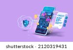Payment, credit, online purchase and protection of online transactions. Shield with lock, concept of protection and reliability. A mobile phone with a credit card and charts and data. Key, lock, coin