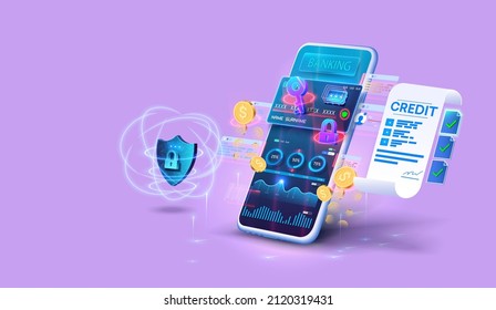 Payment, credit, online purchase and protection of online transactions. Shield with lock, concept of protection and reliability. A mobile phone with a credit card and charts and data. Key, lock, coin