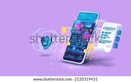 Payment, credit, online purchase and protection of online transactions. Shield with lock, concept of protection and reliability. A mobile phone with a credit card and charts and data. Key, lock, coin