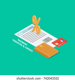 Payment and credit services banner. Percent sign on paper sheet with contract and wallet with credit card isometric projection vectors. Business attributes 3d illustration for financial concepts