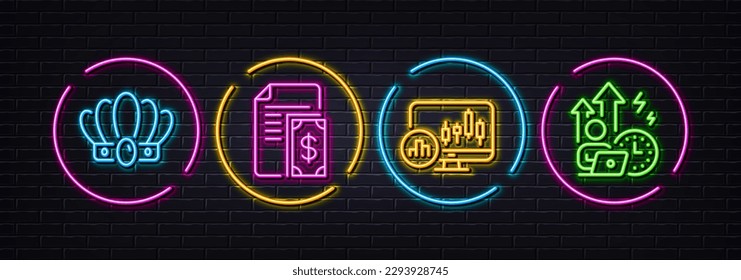 Zahlung, Kronen und Candlestick Diagramm minimale Linien Symbole. Neon Laser 3D-Lichter. Schwierige Stresssymbole. Für Web, Anwendung, Druck. Bargeld, Monarchie König, Berichtsanalyse. Vektorgrafik