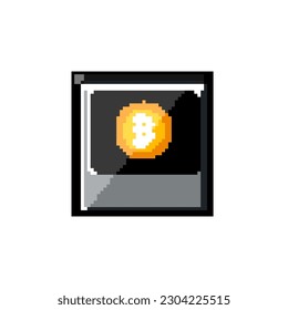 vector retro de arte de píxel de juego cripto de pago. moneda de bit, billetera criptográfica de pago en moneda de bitcoin. ilustración vintage antigua