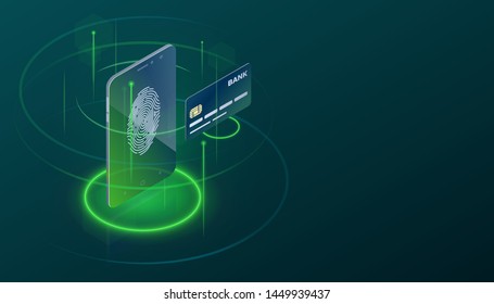 Payment Data Protection With Phone And Bank Card Isometric Concept. Dark Background For Ecommerce, Payment Technology, Finger Print Recognition, Etc Banner, Brochure, Flyer, Infographics, Hero Images.