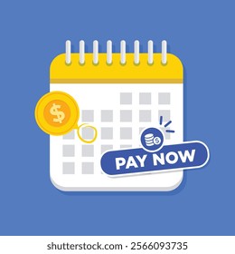 Payment date in calendar. Subscription payment. Monthly payment date. Flat calendar with button pay. Tax pay scheduled on calendar.