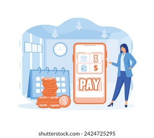 Payment date concept. Woman with payment schedule pay money for interest rate, fees, principal and financial bills by month period. flat vector modern illustration 