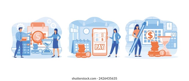 Payment date.   Financial bills by month period. Woman standing near calendar and holding pencil with due date. Set flat vector modern illustration 