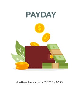 Payment date or payday concept. Coins is falling into wallet or purse. Deadline. Vector illustration isolated on white background.