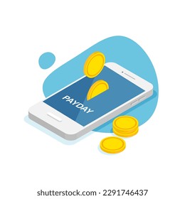 Payment date or payday concept. Coins is falling. Deadline data on 3d smartphone screen. Vector illustration in trendy style isolated.