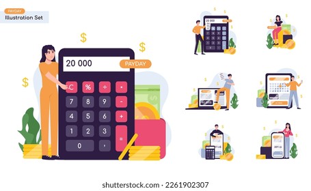 Payment date or payday illustration collection set. Paycheck happy day, employees rejoice, calendar date, loans repayment and debts. People study the financial report, audit