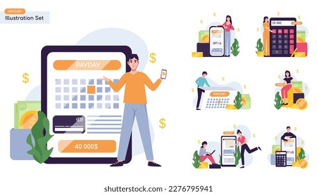 Payment date or payday illustration collection set. Paycheck happy day, employees rejoice, calendar date, loans repayment and debts. People study the financial report, audit