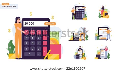 Payment date or payday illustration collection set. Paycheck happy day, employees rejoice, calendar date, loans repayment and debts. People study the financial report, audit
