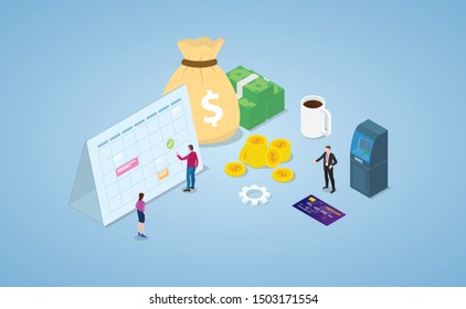 payment day concept with calendar and money cash and credit card with business people and modern isometric style - vector