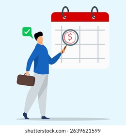 Payment deadline concept. Businessman using magnifying glass to searching payment date on calendar.
