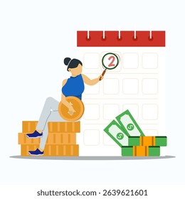 Payment deadline concept. Businesswoman sitting on stacks of coin and using magnifying glass to searching date on calendar.