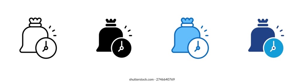 Payment Deadline Multiple Style Icon Design Vector - Money bag with clock representing payment deadline, due date reminder, and financial time management