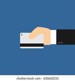 Payment debit credit card business man shopping order purchase and buy in flat cartoon style