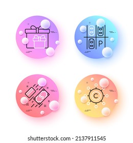 Payment, Delivery boxes and Copywriting network minimal line icons. 3d spheres or balls buttons. Parking place icons. For web, application, printing. Money, Birthday gifts, Content networking. Vector