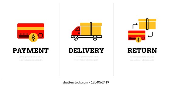 Payment. Delivery. Return. Web page template. Modern flat design concept with icons. Online shop.