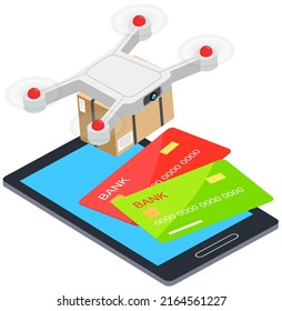 Pago por servicios de entrega, entrega paquetes usando drones voladores. Aplicación móvil en tarjetas telefónicas y bancarias. Tecnologías futuras de entrega en línea de cajas, bienes a domicilio. Logística urbana