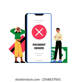 Payment Denied Notification On Smartphone In Flat Vector Illustration Symbolizing Financial Issues, Declined Transactions, And Banking Problems, Isolated On White Background