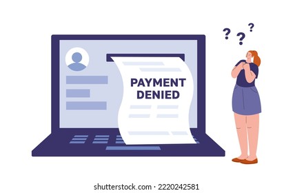 Payment Denied Vector Concept. Surprised Girl Look At Pay Bill From Computer Screen. Internet Banking Failed, Financial Error Credit Card