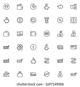 Iconos de diseño de pago establecidos. Iconos vectoriales de línea delgada para conceptos móviles y aplicaciones web. Iconos de primera calidad en estilo plano. Colección del logotipo del contorno negro de alta calidad