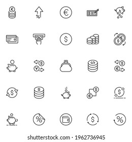 Iconos de diseño de pago establecidos. Iconos vectoriales de línea delgada para conceptos móviles y aplicaciones web. Iconos de primera calidad en un estilo plano de moda. Colección del logotipo del contorno negro de alta calidad