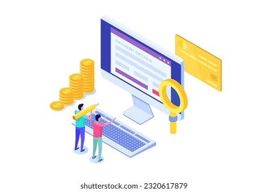 Payment details, entering credit cards details online. Isometric Vector Illustration.