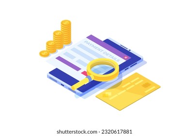 Payment details, entering credit cards details online. Isometric Vector Illustration.