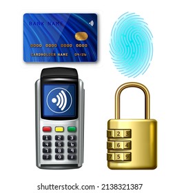 Payment Device And Card Accessories Set Vector. Bank Credit Card For Paying On Pos Terminal, Fingerprint Security System For Approve Transaction And Padlock. Template Realistic 3d Illustrations