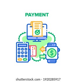 Payment Device Vector Icon Concept. Smartwatche With Nfc Wireless Technology For Pay And Credit Card In Terminal, Payment Device. Electronic Receipt On Computer Display Color Illustration