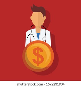 payment at the doctor concept - doctor and dollar coin.Conceptual vector illustration in flat style design.Isolated on background.