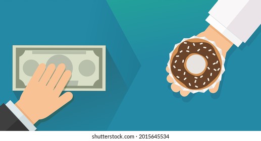 Payment with a dollar bill to buy a donut (flat design)