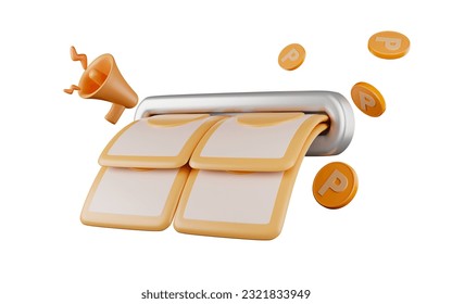 Pago con billetes en dólares. Ilustración 3D. Compras en línea. Anuncio de promoción de pagos en efectivo