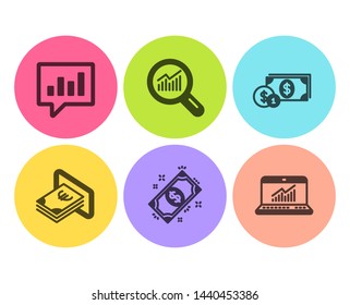 Payment, Dollar money and Analytical chat icons simple set. Cash, Data analysis and Online statistics signs. Finance, Cash with coins. Finance set. Flat payment icon. Circle button. Vector