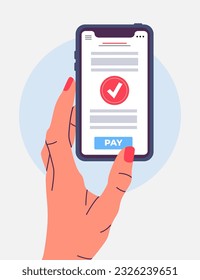 Payment done vertical template for social media. Hand holding phone with shopping page. Modern hand drawn flat illustration. Sale poster for web and print. Discount and special offer concept