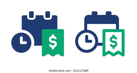 Payment due date vector icon set. Due date on calendar with alarm clock symbol isolated on white background.