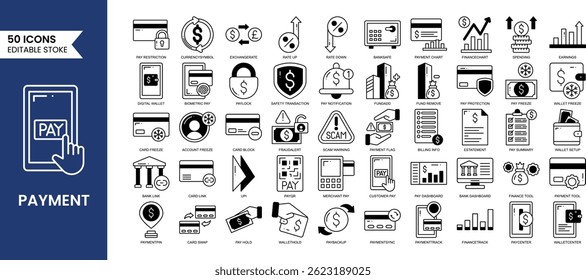 Conjunto de iconos editables de pago en estilo duotono. Colección de iconos relacionados con pagos de negocios y finanzas. Contiene pago, tarjeta de crédito, cambio de dinero, transacción y más. Ilustración vectorial