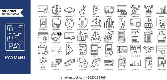 Conjunto de iconos editables de pago en estilo de línea. Colección de iconos relacionados con pagos de negocios y finanzas. Contiene pago, tarjeta de crédito, cambio de dinero, transacción y más. Ilustración vectorial
